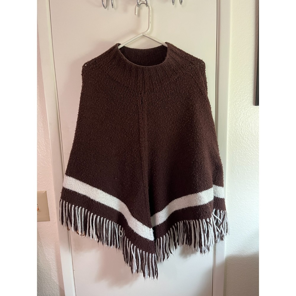 Vintage Knit Brown Fringed Poncho, One Size